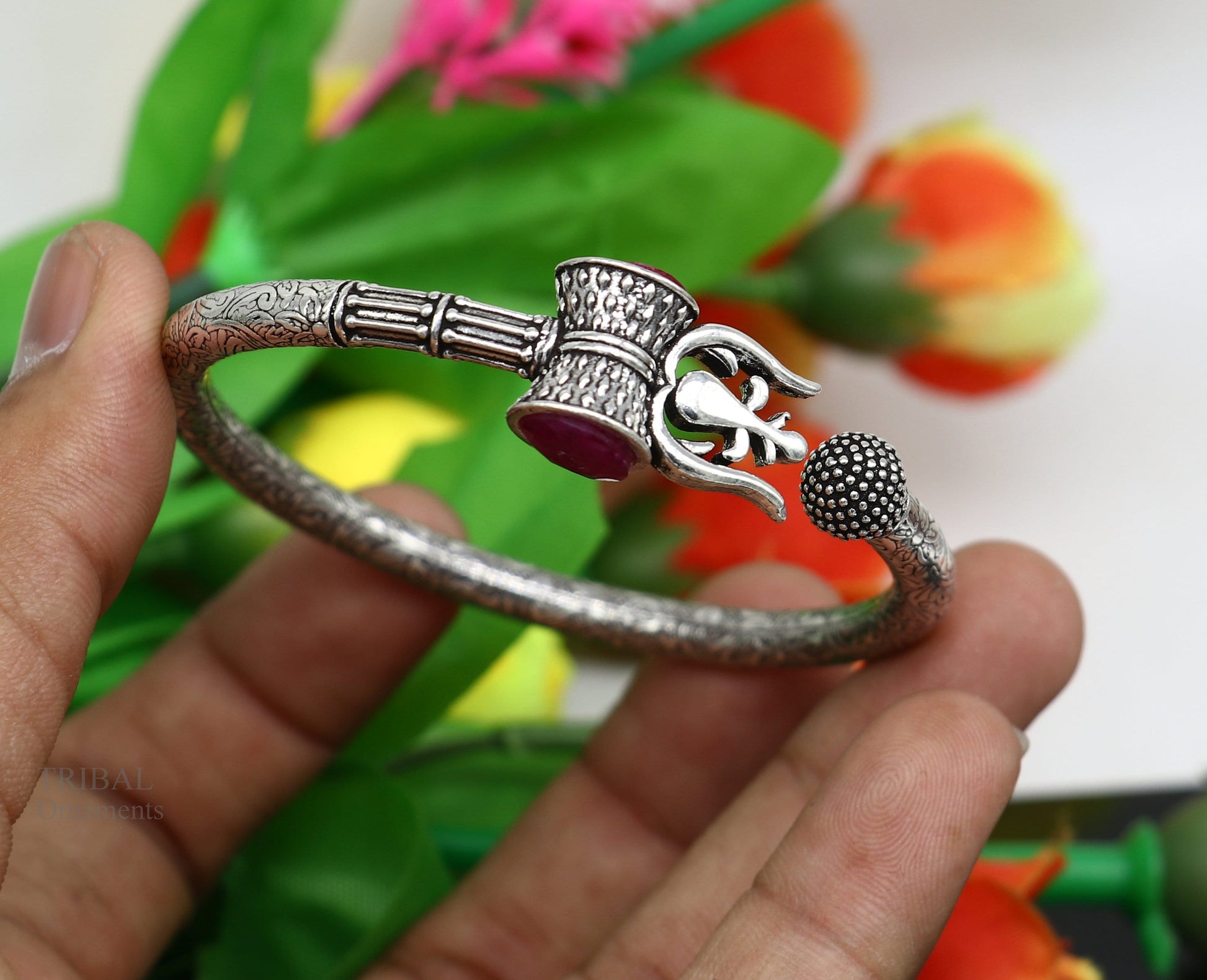 Vintage 925 sterling silver handmade fabulous bahubali bangle bracelet god shiva trident trishul design antique style bracelet kada nsk451 - TRIBAL ORNAMENTS