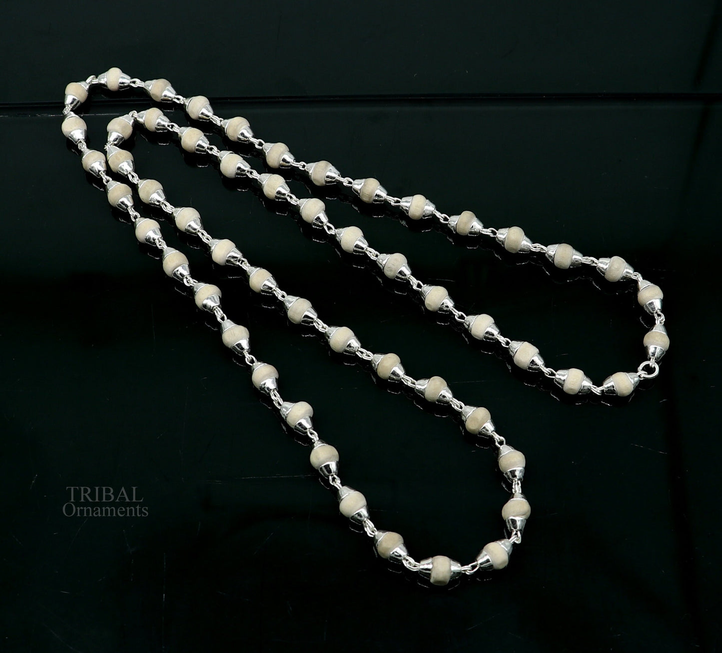 23" 5.5mm Sterling silver handmade Solid basil rosary plant wooden beads silver chain necklace tulsi mala use in Ayurveda meditation ch143 - TRIBAL ORNAMENTS