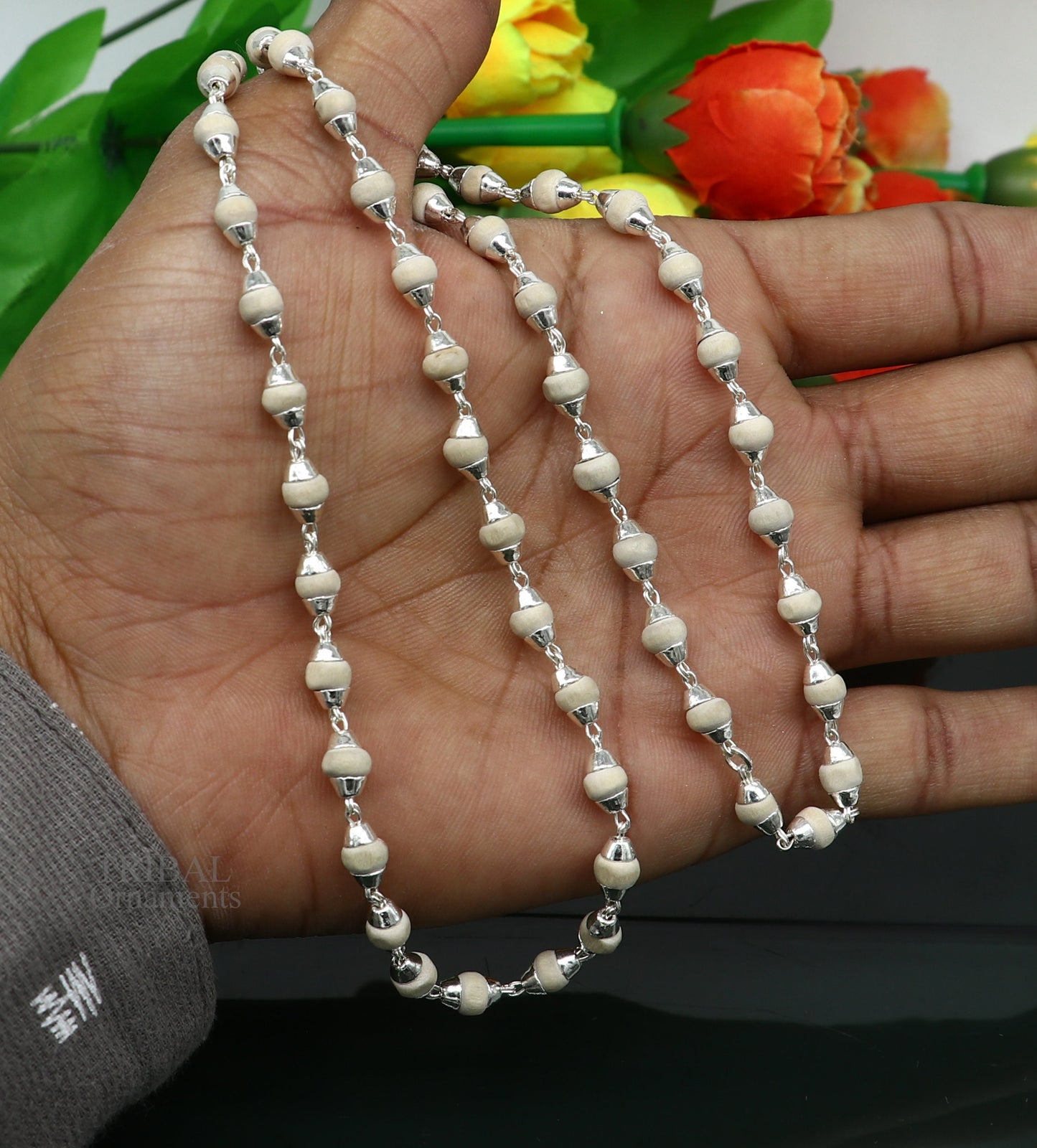 23" 5.5mm Sterling silver handmade Solid basil rosary plant wooden beads silver chain necklace tulsi mala use in Ayurveda meditation ch143 - TRIBAL ORNAMENTS