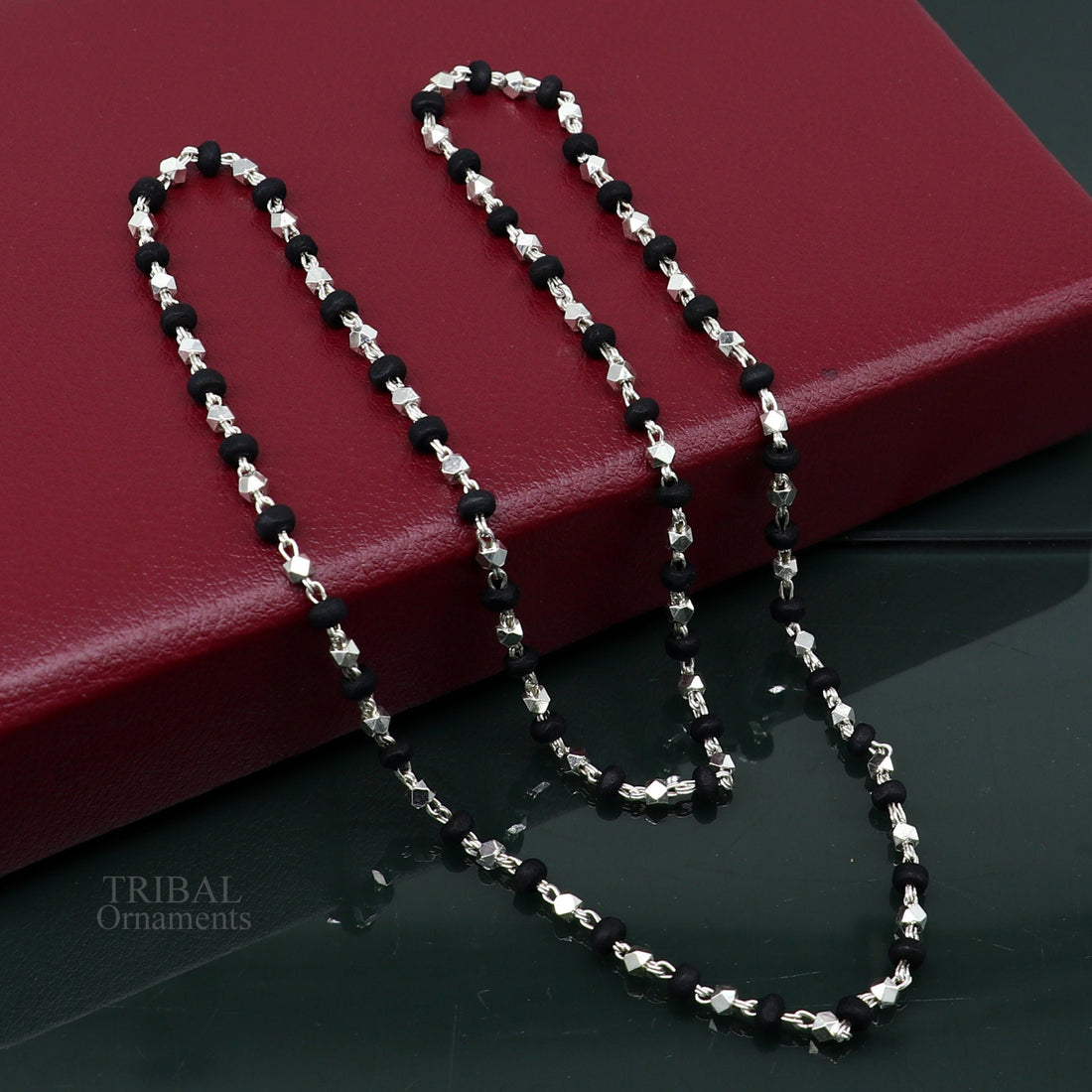 24" 925 sterling silver black holy basil rosary wooden beads 4mm solid chain necklace, excellent unisex stylish necklace from india ch144 - TRIBAL ORNAMENTS