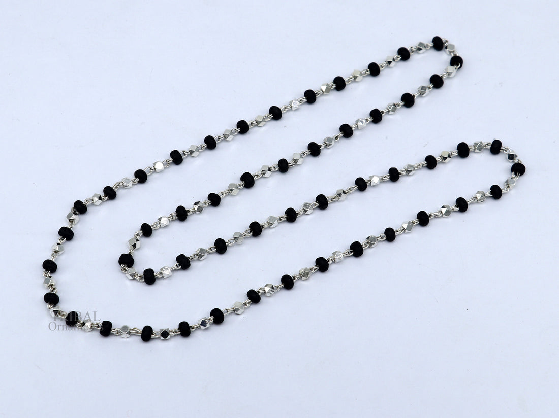 24" 925 sterling silver black holy basil rosary wooden beads 4mm solid chain necklace, excellent unisex stylish necklace from india ch144 - TRIBAL ORNAMENTS