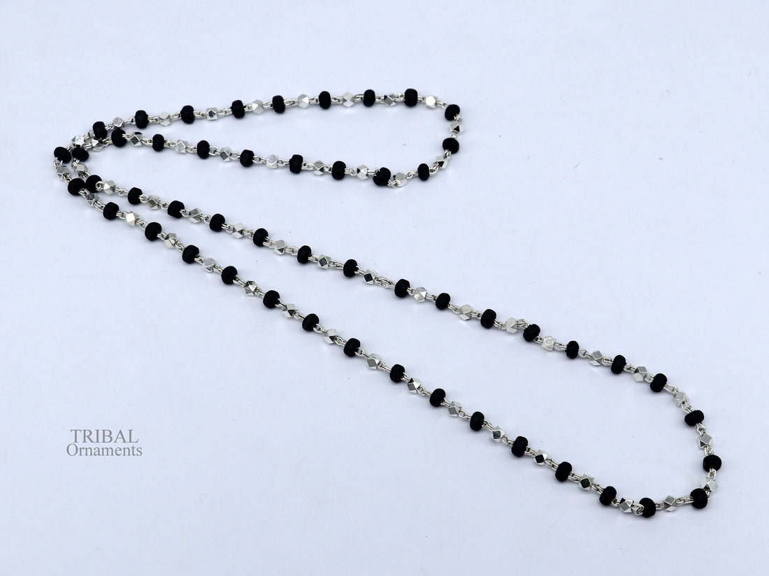 24" 925 sterling silver black holy basil rosary wooden beads 4mm solid chain necklace, excellent unisex stylish necklace from india ch144 - TRIBAL ORNAMENTS