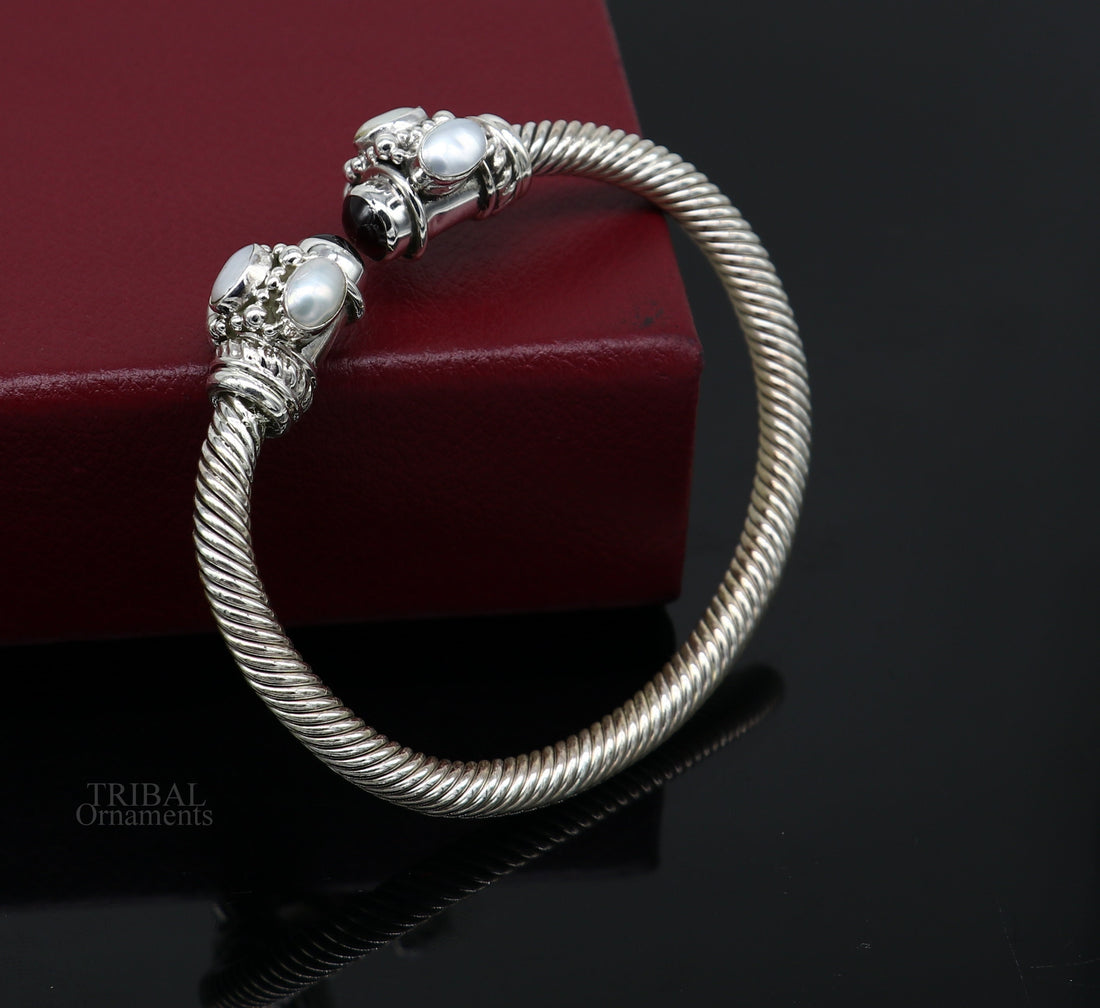 925 sterling silver handmade solid unique design stylish pearl bangle bracelet, best gifting belly dance jewelry form india nsk454 - TRIBAL ORNAMENTS