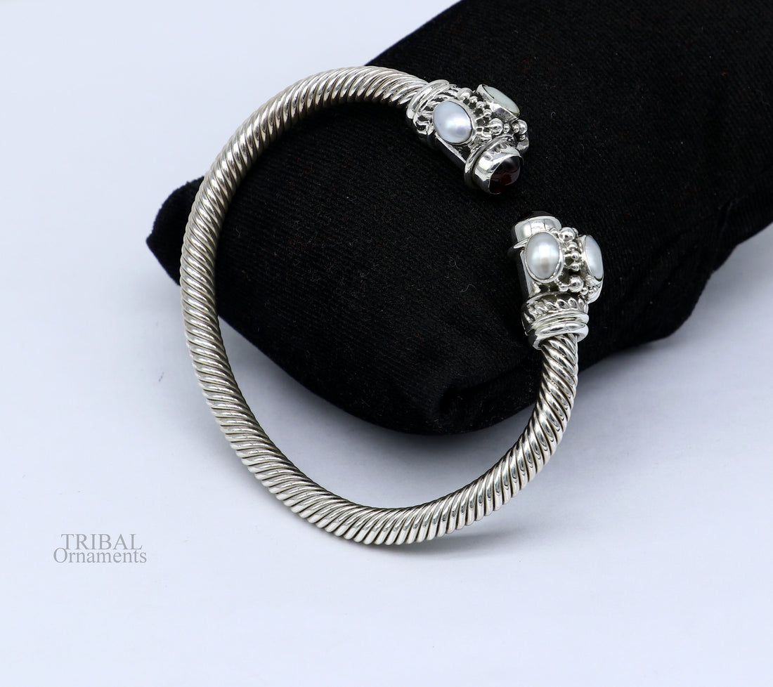 925 sterling silver handmade solid unique design stylish pearl bangle bracelet, best gifting belly dance jewelry form india nsk454 - TRIBAL ORNAMENTS