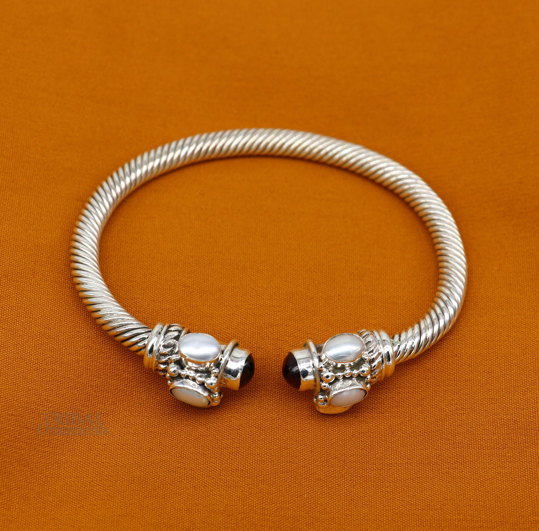 925 sterling silver handmade solid unique design stylish pearl bangle bracelet, best gifting belly dance jewelry form india nsk454 - TRIBAL ORNAMENTS