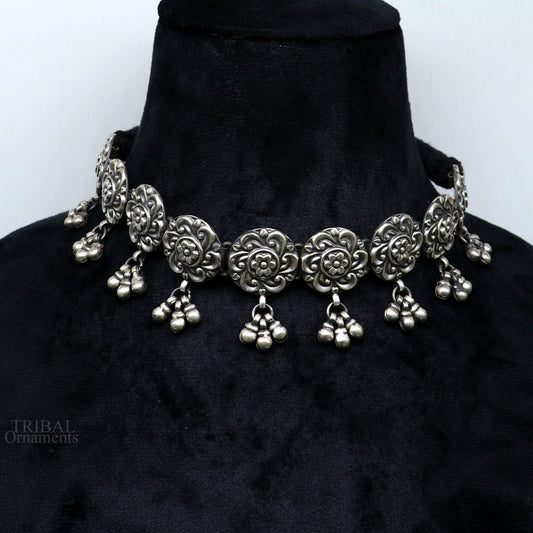 925 sterling silver handmade Rajasthani traditional stylish fit neck luxury necklace choker, best belly dance Guttapusalu necklace set307 - TRIBAL ORNAMENTS