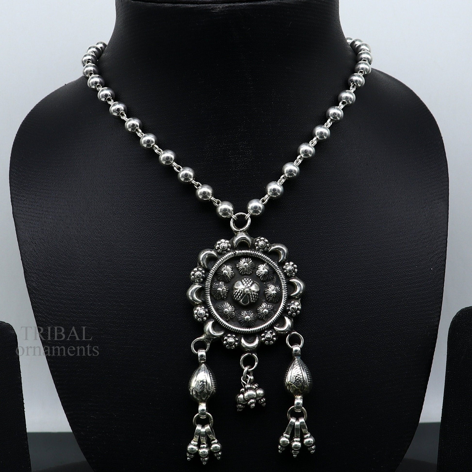 925 sterling silver stunning hanging drops vintage design beaded necklace, customized brides belly dance Guttapusalu necklace India set291 - TRIBAL ORNAMENTS