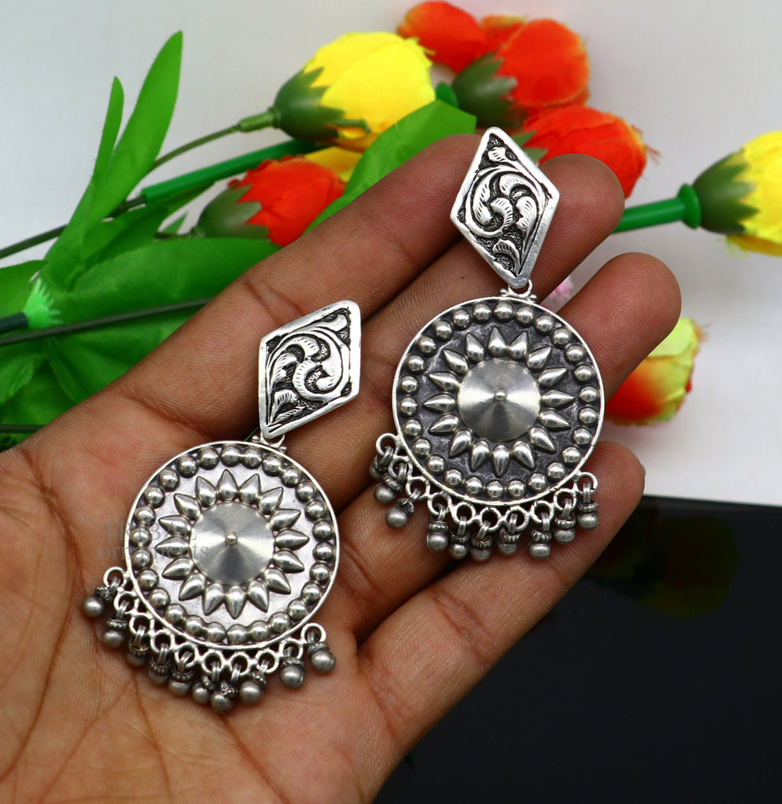 925 Sterling silver handmade flower design stud earrings hanging drops, excellent customized penalized bridesmaid girls jewelry ear1092 - TRIBAL ORNAMENTS