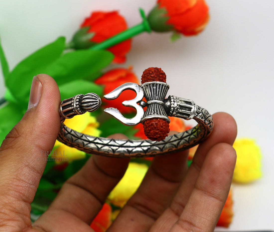 Unique handmade nakshi work 925 sterling silver trident kada, trishul kada, bahubali kada bangle bracelet for both men's and girl's nsk461 - TRIBAL ORNAMENTS
