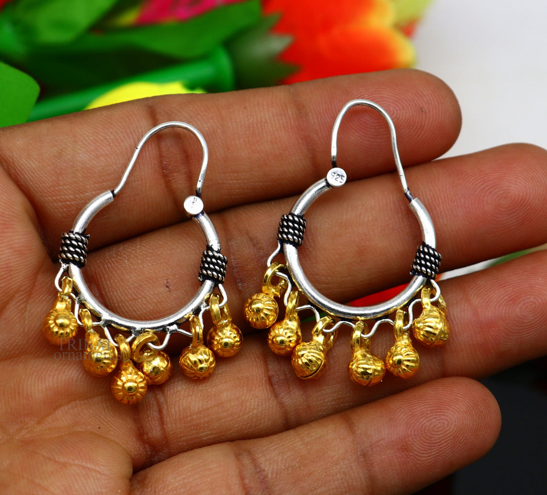Vintage antique design handmade 925 sterling silver gorgeous hoops boho earrings bali with hanging drop bells tribal jewelry s1018 - TRIBAL ORNAMENTS