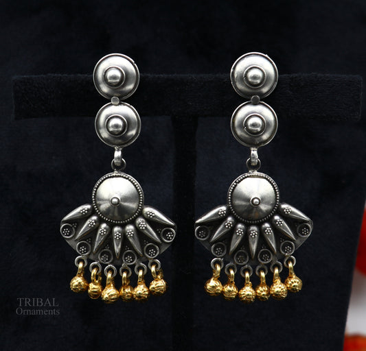 925 sterling silver vintage design traditional stud drop dangle earring with hanging gold polished jingling bells s gifting earrings ear1140 - TRIBAL ORNAMENTS