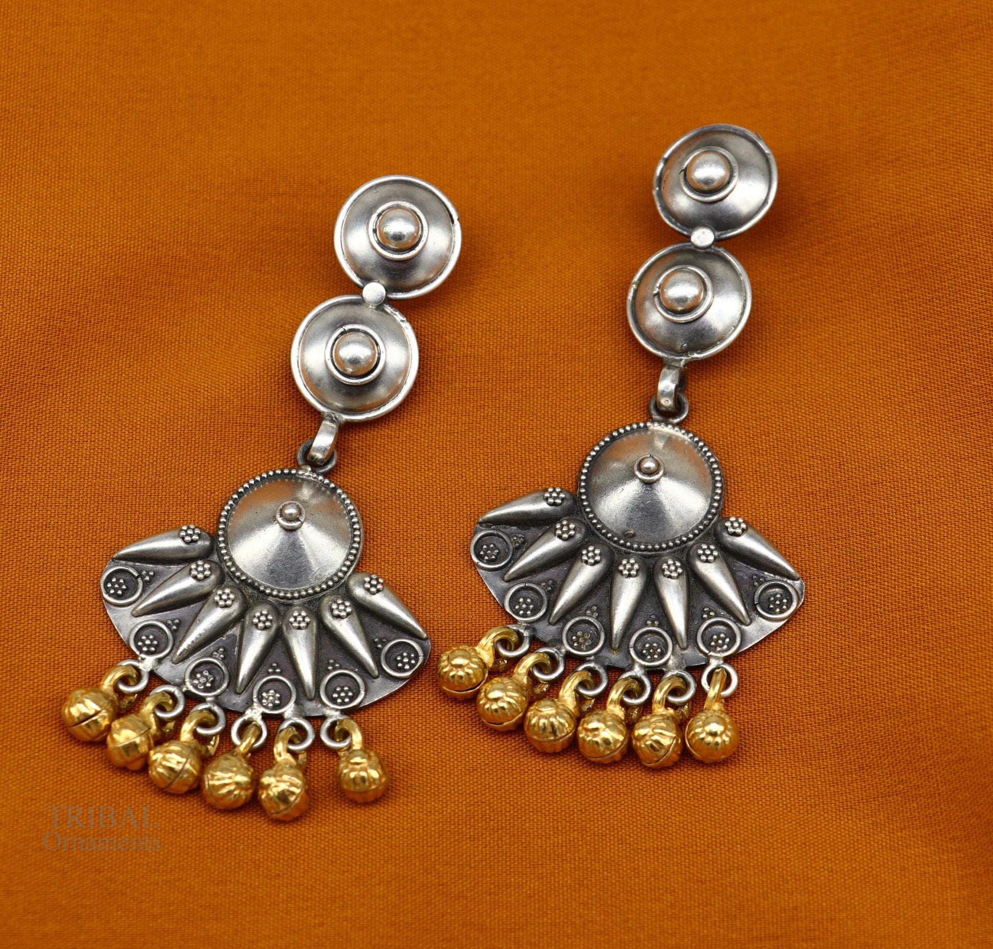 925 sterling silver vintage design traditional stud drop dangle earring with hanging gold polished jingling bells s gifting earrings ear1140 - TRIBAL ORNAMENTS