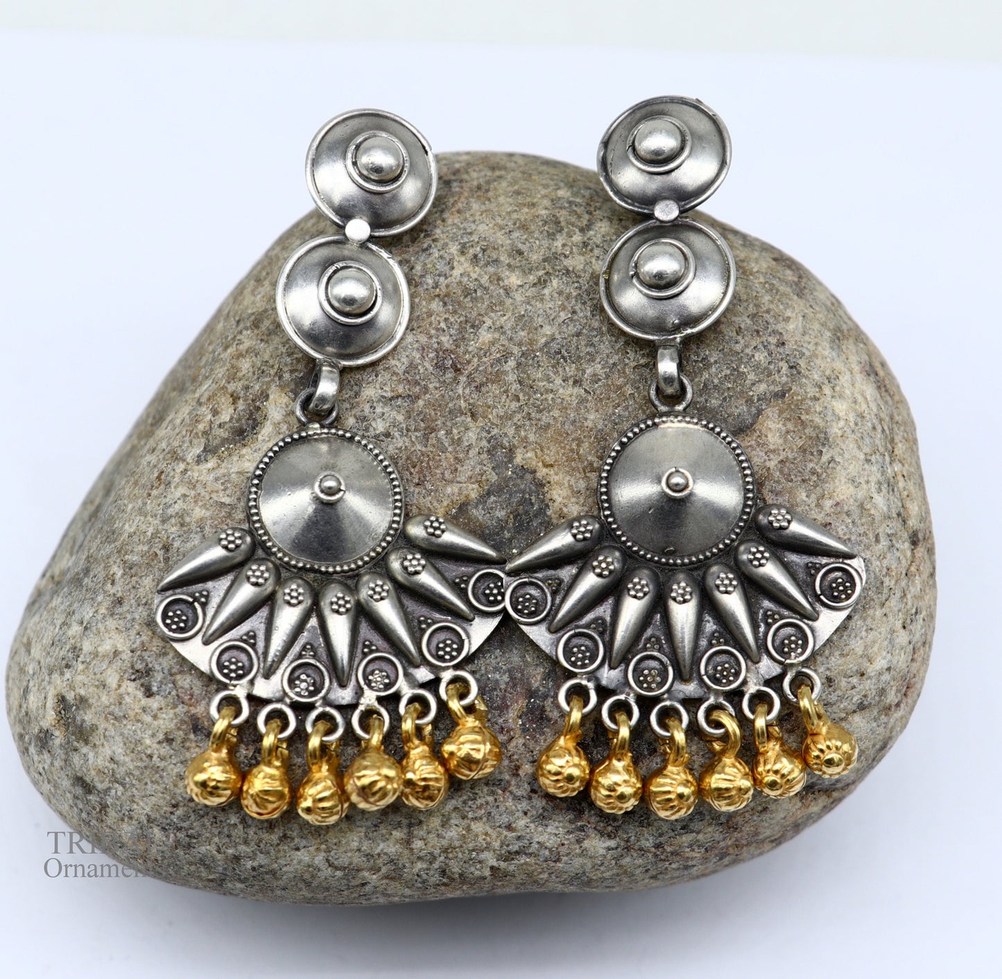 925 sterling silver vintage design traditional stud drop dangle earring with hanging gold polished jingling bells s gifting earrings ear1140 - TRIBAL ORNAMENTS