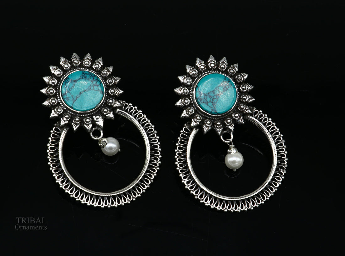 925 sterling silver handmade stud earring, stylish turquoise stone chandbali earring, best wedding jewelry brides gifting earrings ear1141 - TRIBAL ORNAMENTS