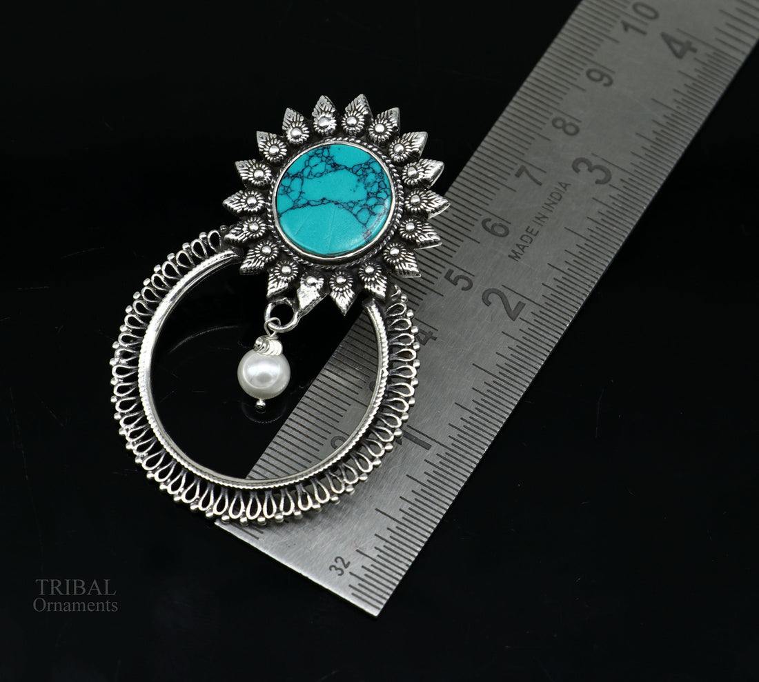 925 sterling silver handmade stud earring, stylish turquoise stone chandbali earring, best wedding jewelry brides gifting earrings ear1141 - TRIBAL ORNAMENTS