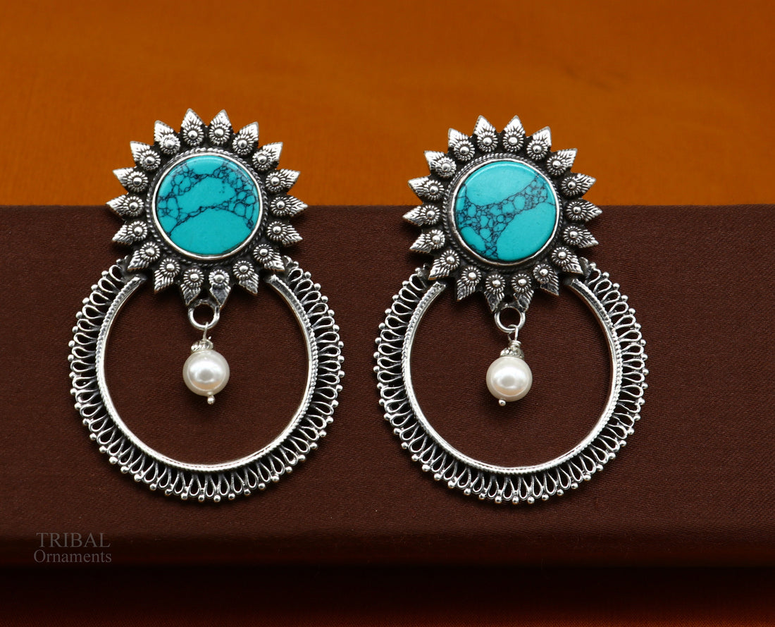 925 sterling silver handmade stud earring, stylish turquoise stone chandbali earring, best wedding jewelry brides gifting earrings ear1141 - TRIBAL ORNAMENTS