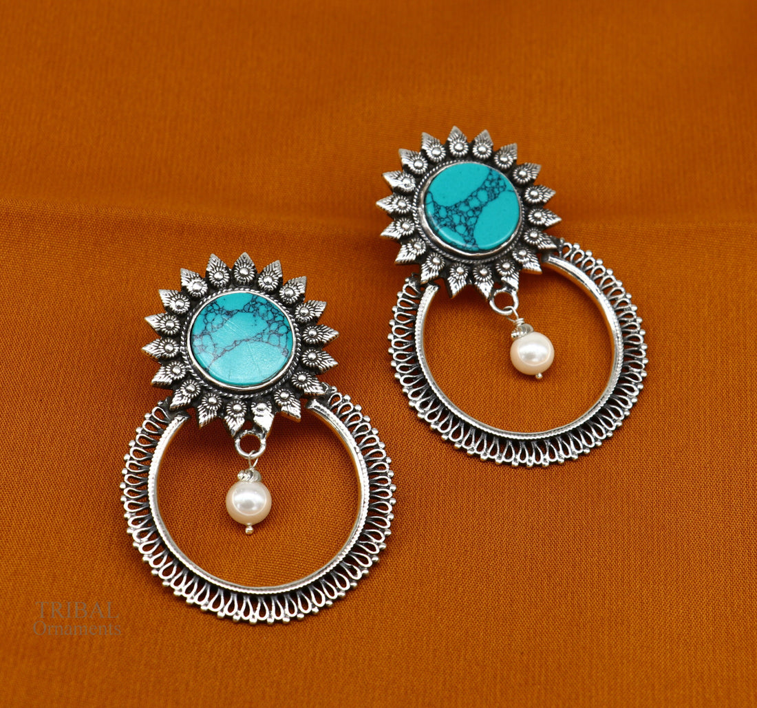 925 sterling silver handmade stud earring, stylish turquoise stone chandbali earring, best wedding jewelry brides gifting earrings ear1141 - TRIBAL ORNAMENTS