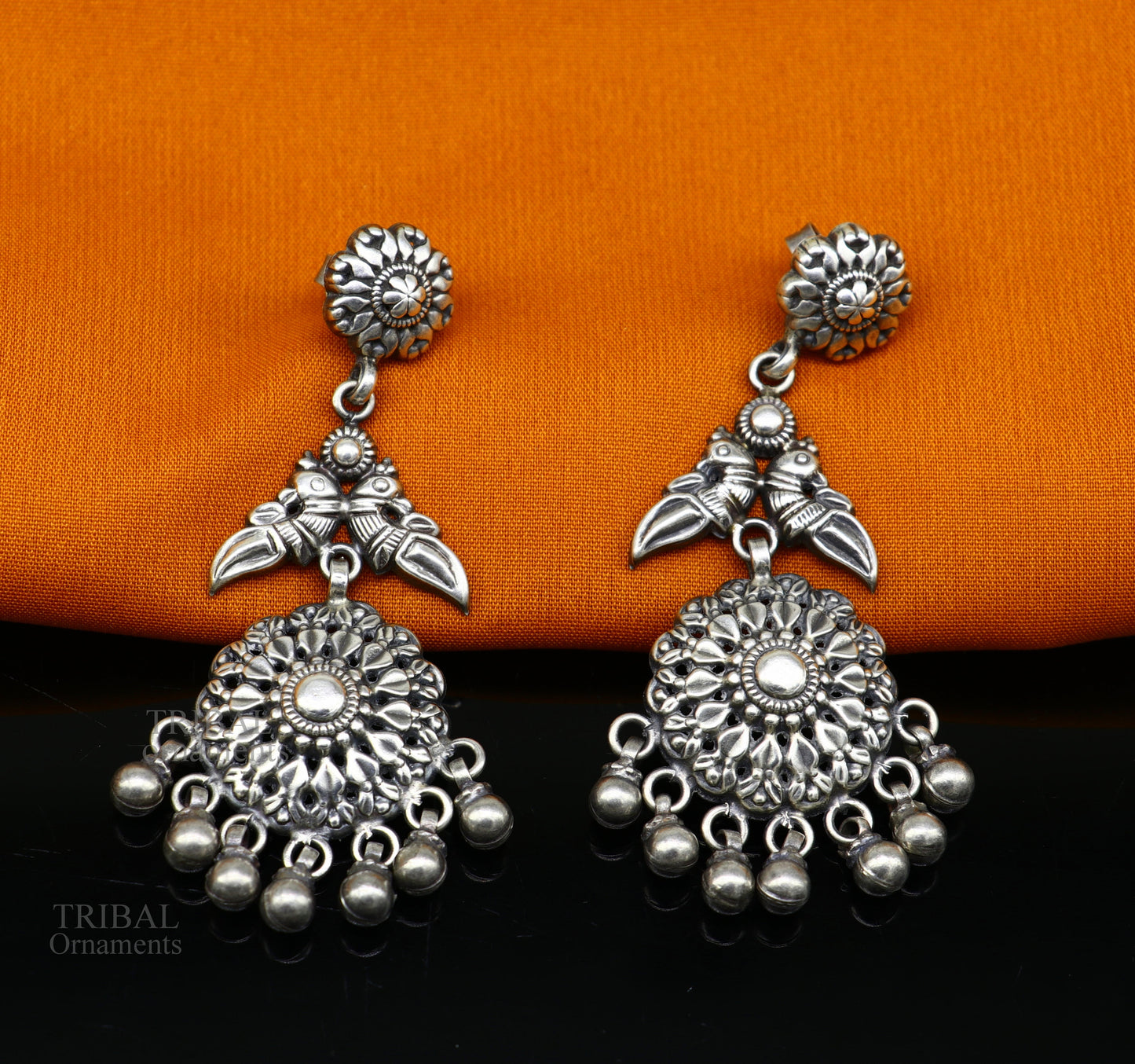 Handmade 925 sterling silver trendy oxidized silver tribal stud Earring, excellent hanging bells party belly dance tribal jewelry ear1106 - TRIBAL ORNAMENTS