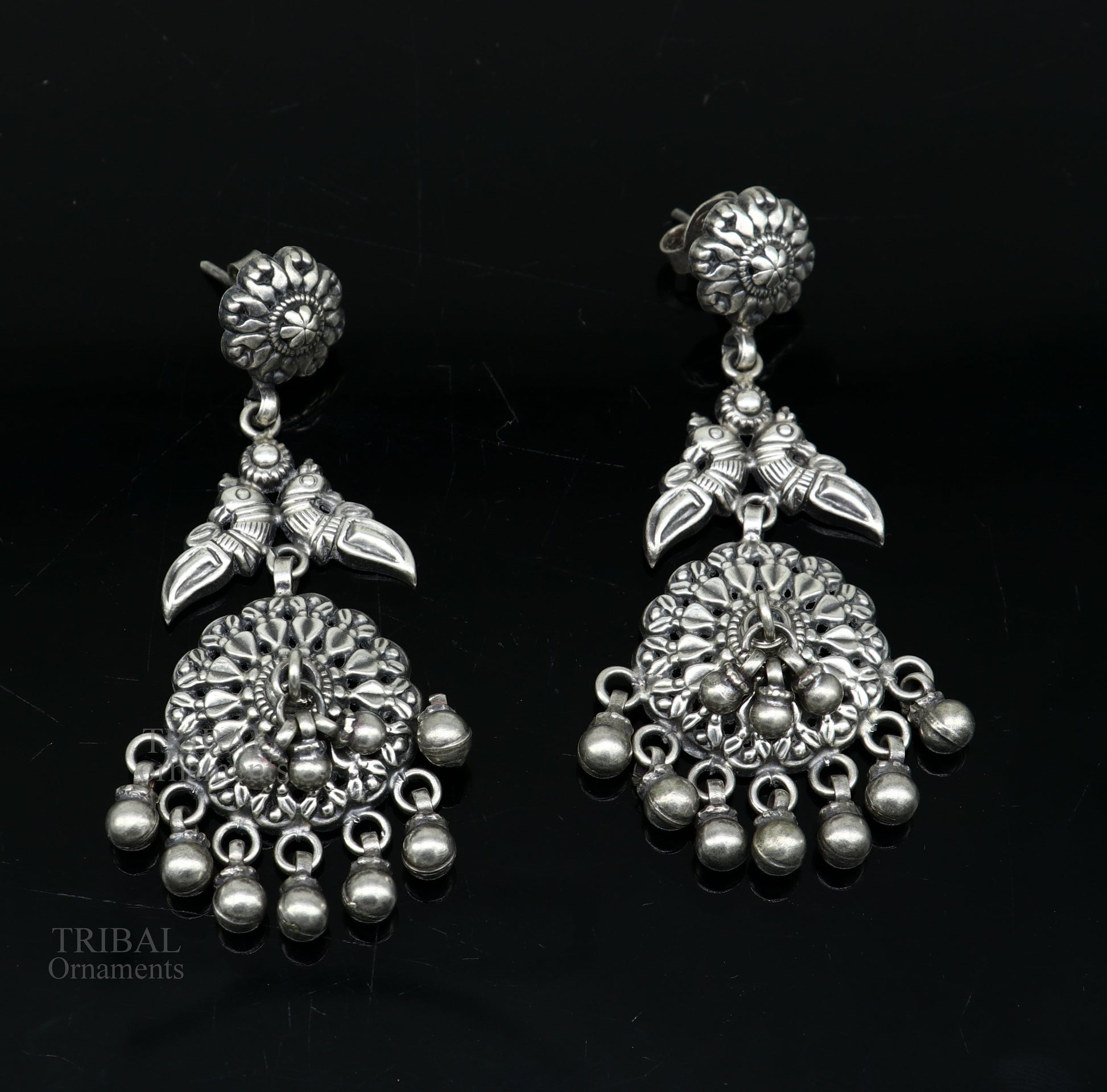 Handmade 925 sterling silver trendy oxidized silver tribal stud Earring, excellent hanging bells party belly dance tribal jewelry ear1104 - TRIBAL ORNAMENTS