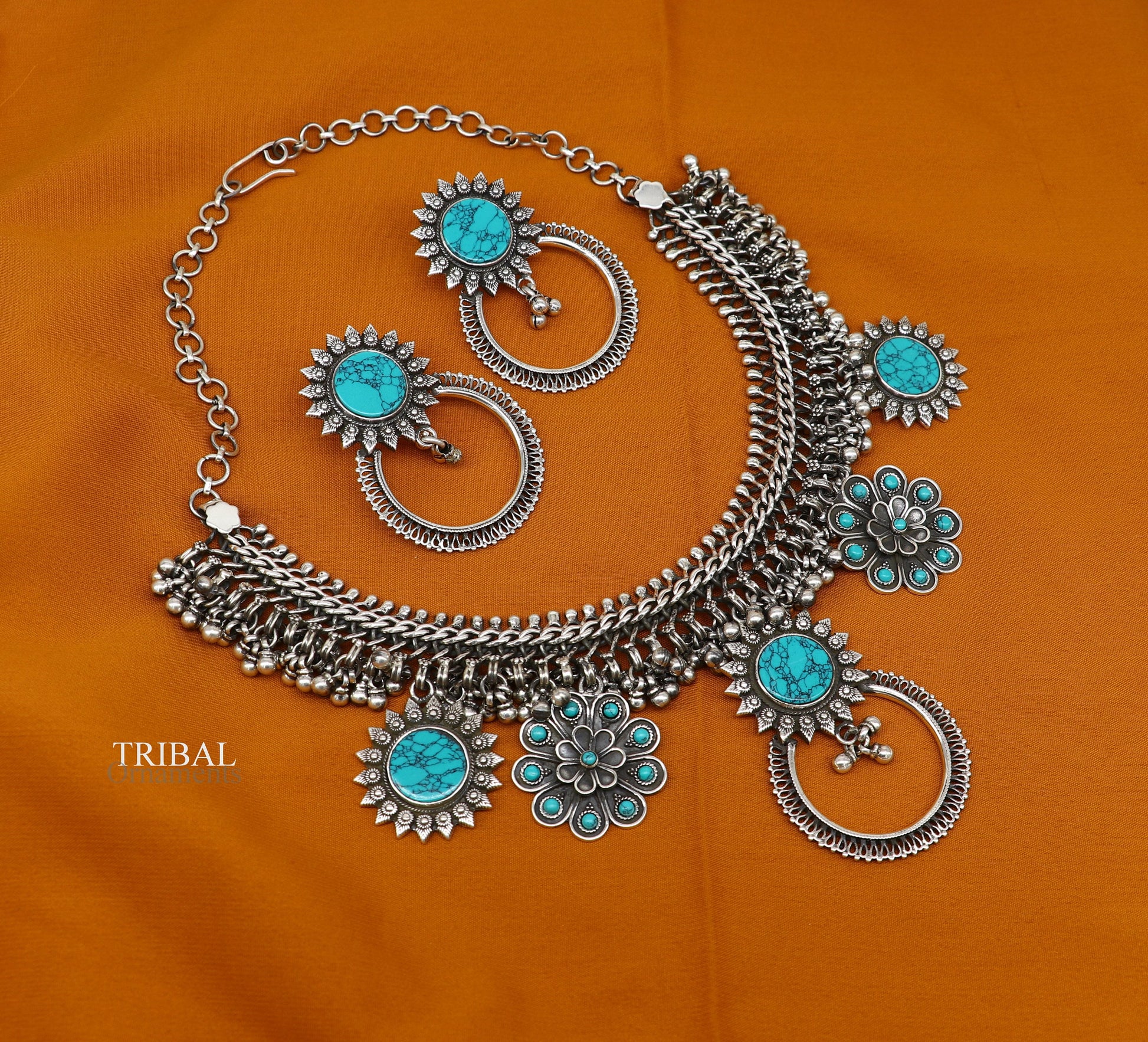 925 sterling silver handcrafted vintage design ethnic charm necklace excellent gifting tribal brides belly dance jewelry india set292 - TRIBAL ORNAMENTS