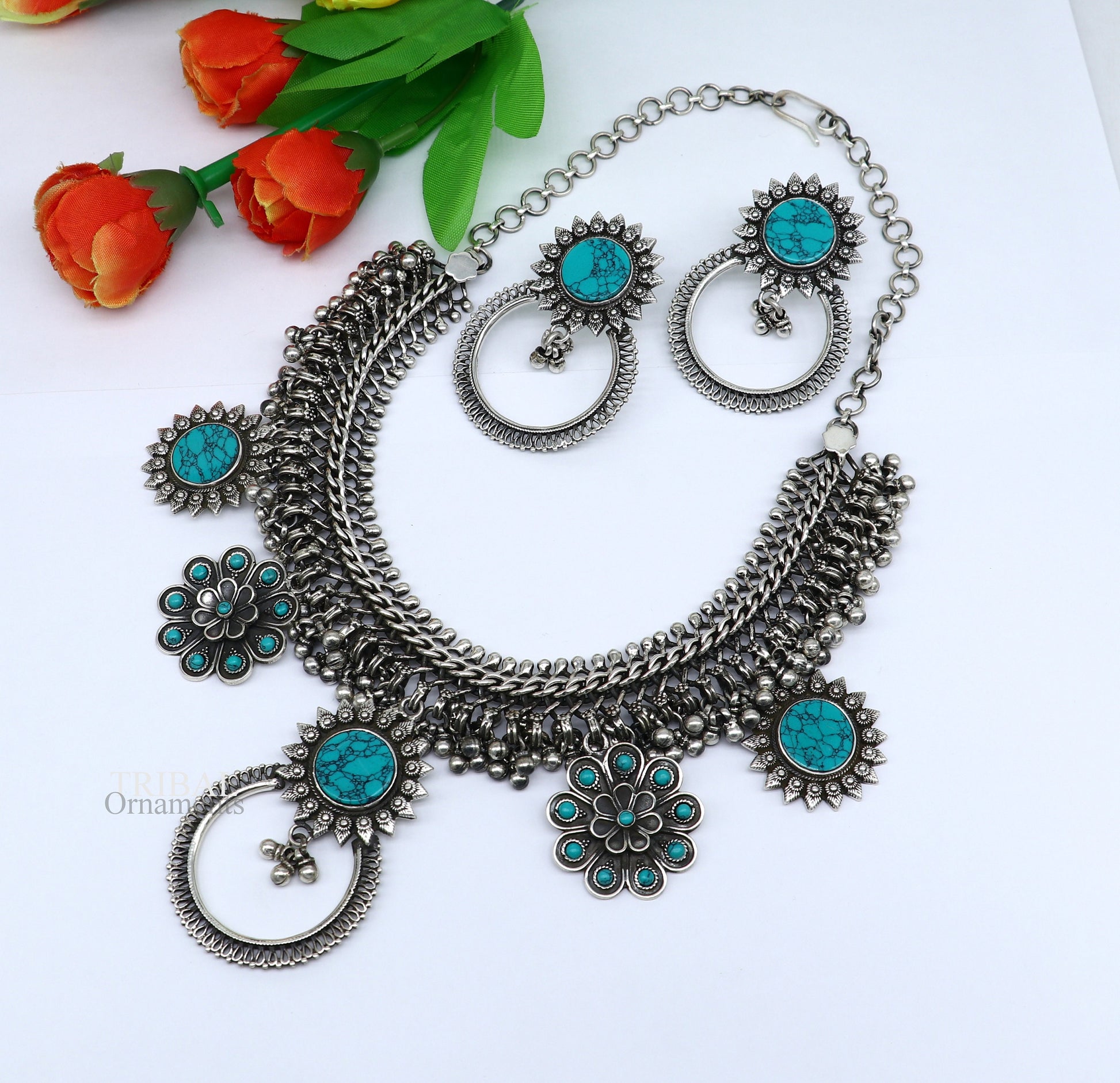 925 sterling silver handcrafted vintage design ethnic charm necklace excellent gifting tribal brides belly dance jewelry india set292 - TRIBAL ORNAMENTS