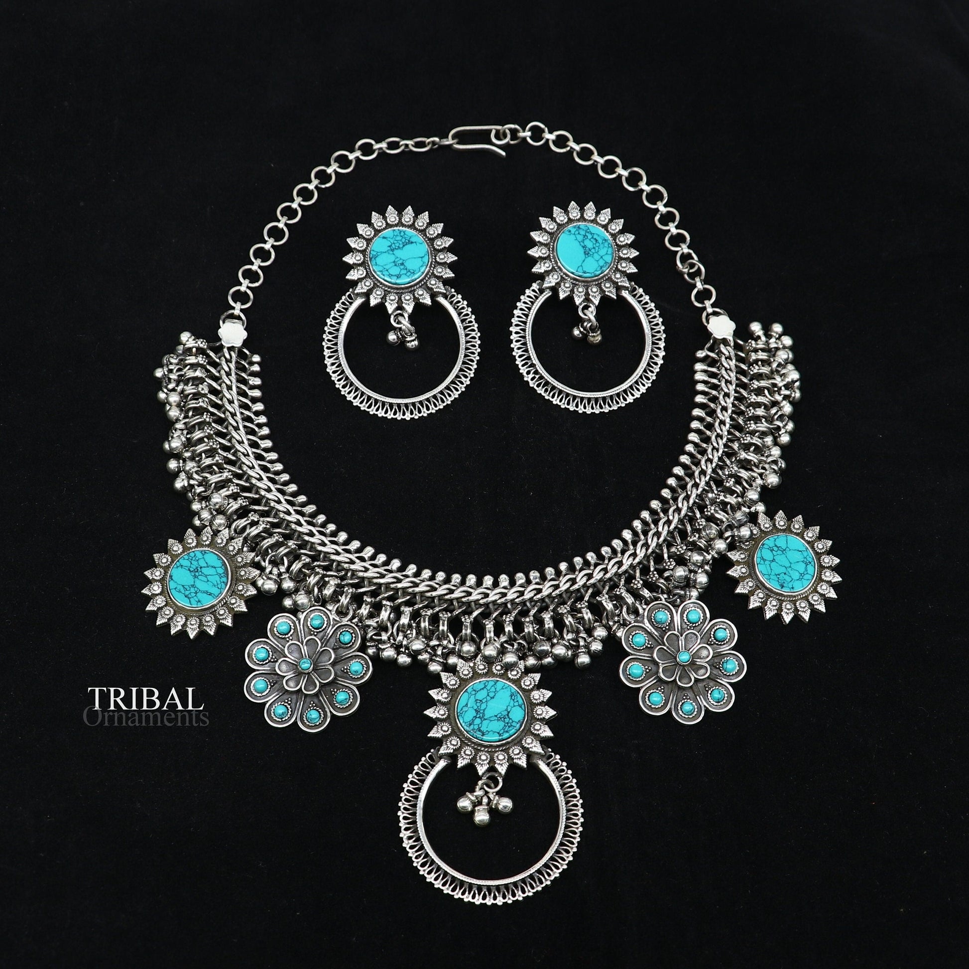925 sterling silver handcrafted vintage design ethnic charm necklace excellent gifting tribal brides belly dance jewelry india set292 - TRIBAL ORNAMENTS