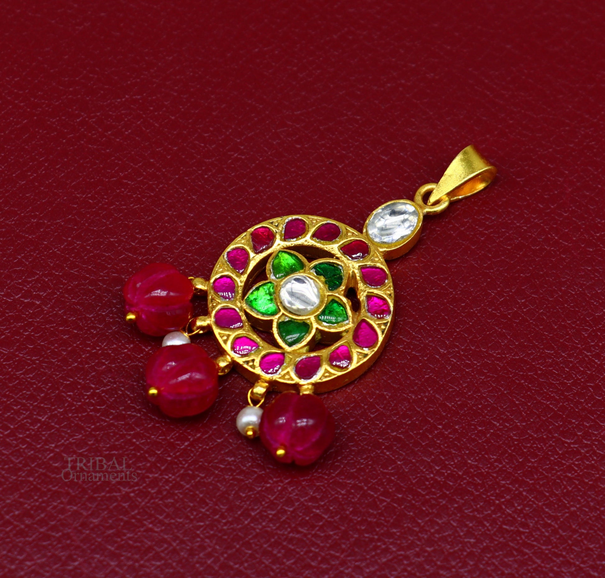 Exclusive gold polished or plated over 925 sterling silver pendant, amazing stylish red green stone and hanging pearl pendant nsp452 - TRIBAL ORNAMENTS