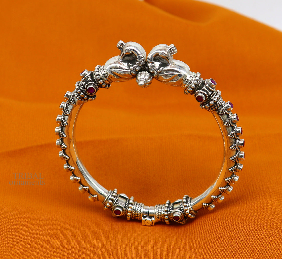 925 Sterling silver handmade vintage peacock design garnet stone studded tribal ethnic belly dance bangle bracelet gifting kada nsk438 - TRIBAL ORNAMENTS