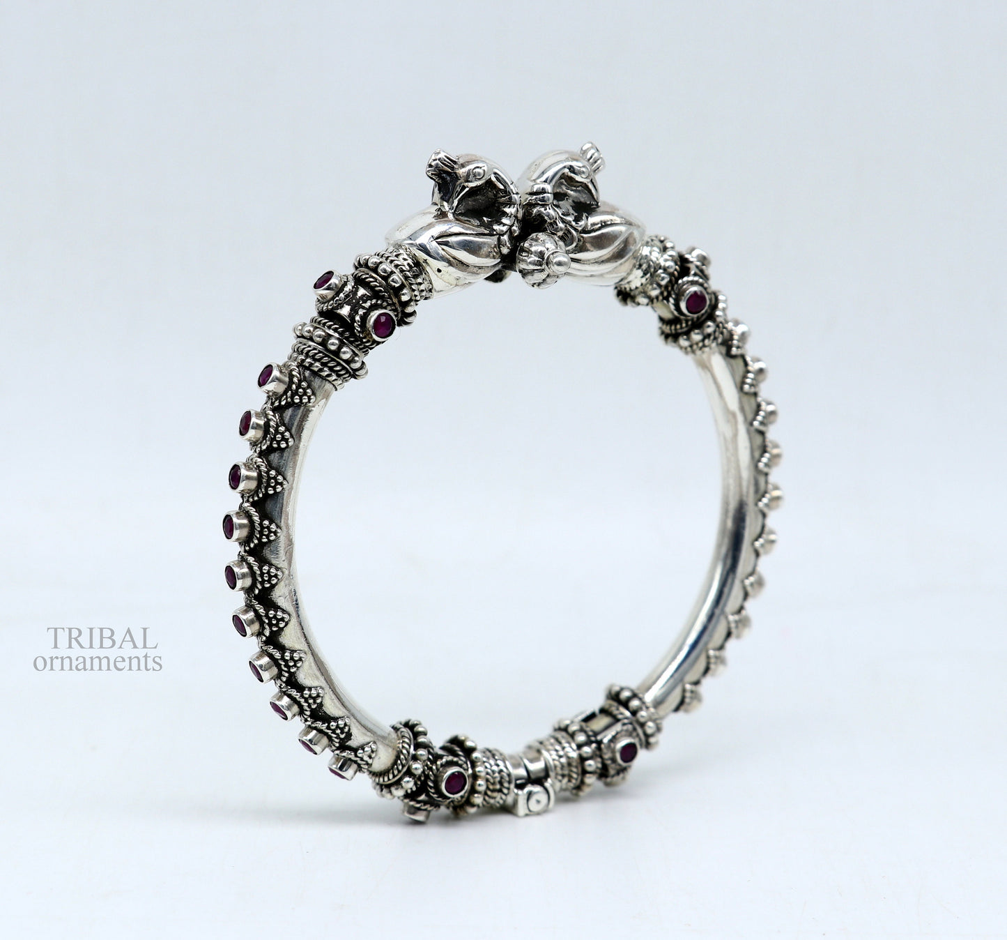 925 Sterling silver handmade vintage peacock design garnet stone studded tribal ethnic belly dance bangle bracelet gifting kada nsk438 - TRIBAL ORNAMENTS