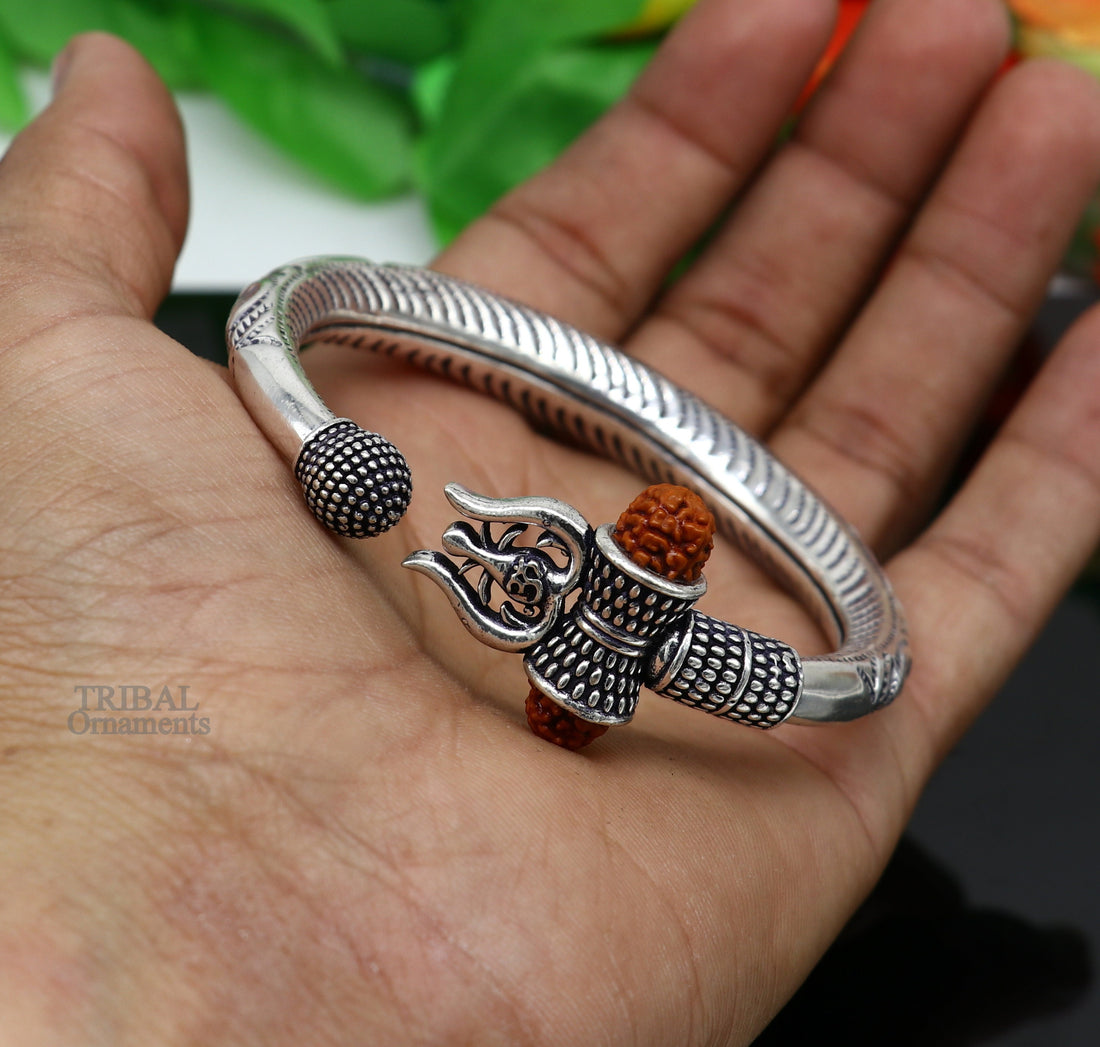 Exclusive 925 Sterling silver handmade chitai work Lord Shiva trident trishul bangle bracelet natural Rudraksha beads customized kada nsk441 - TRIBAL ORNAMENTS