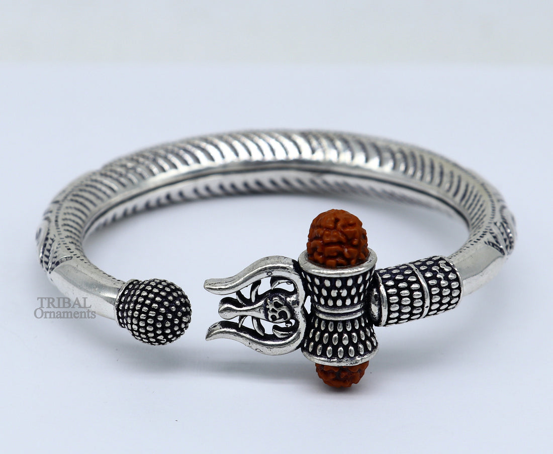 Exclusive 925 Sterling silver handmade chitai work Lord Shiva trident trishul bangle bracelet natural Rudraksha beads customized kada nsk441 - TRIBAL ORNAMENTS