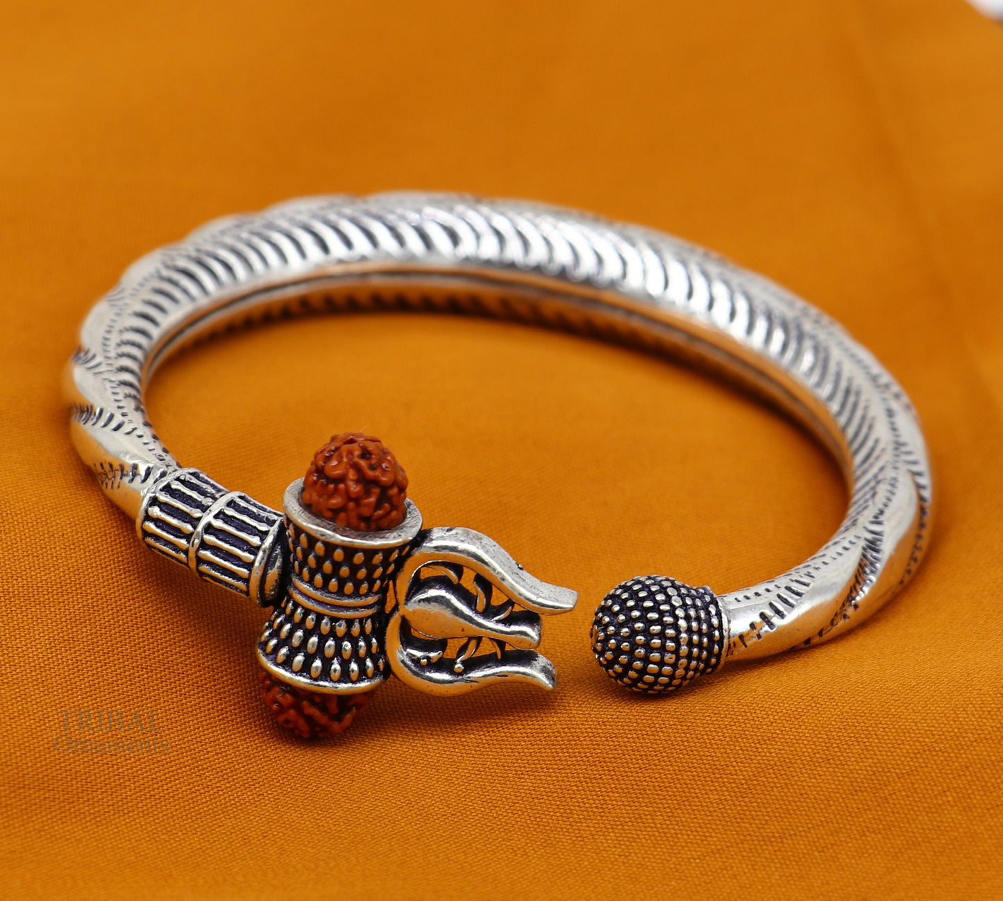 Divine Bahubali kada 925 Sterling silver handmade Lord Shiva trident Trishul bangle bracelet natural Rudraksha beads customized kada nsk448 - TRIBAL ORNAMENTS