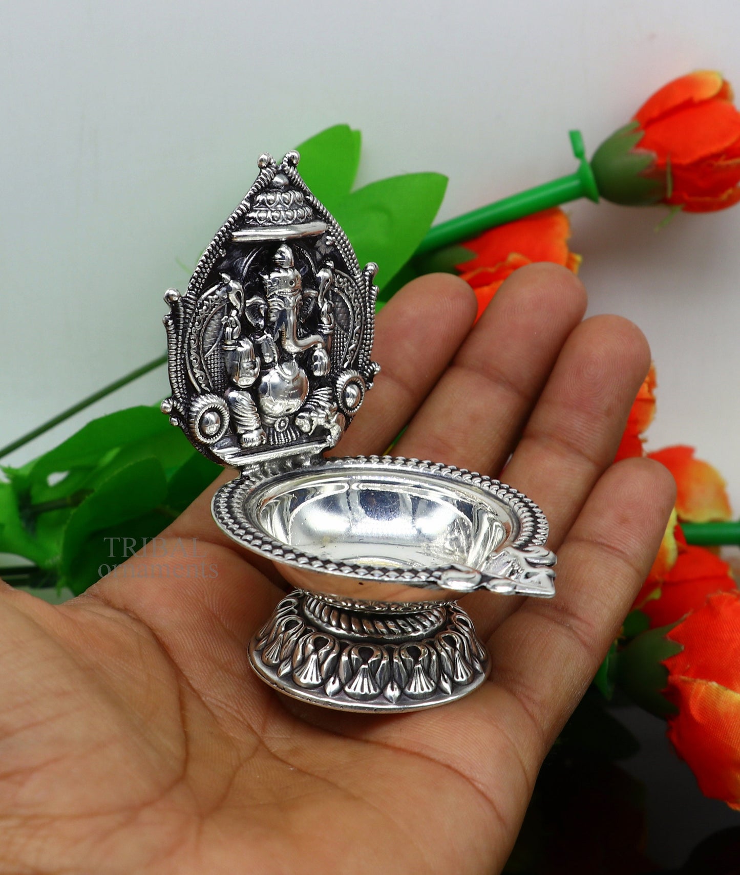 925 sterling silver vintage antique design lord Ganesha design oil lamp, excellent temple jewelry for home temple art from india su669 - TRIBAL ORNAMENTS
