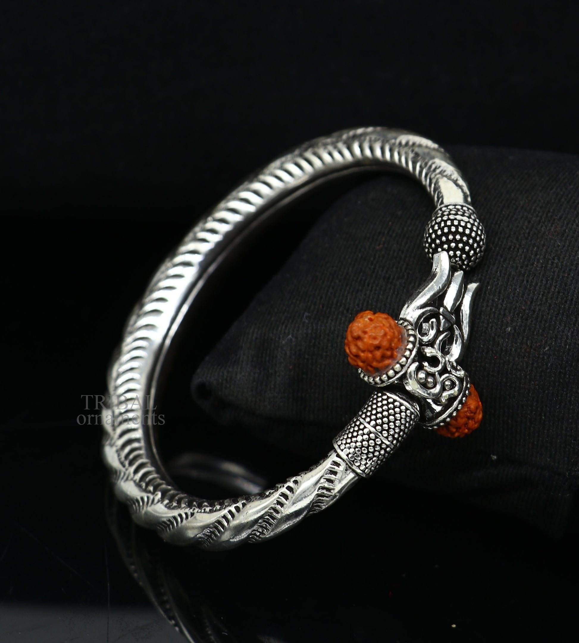 Exclusive 925 Sterling silver handmade chitai work Lord Shiva trident trishul bangle bracelet natural Rudraksha beads customized kada nsk444 - TRIBAL ORNAMENTS