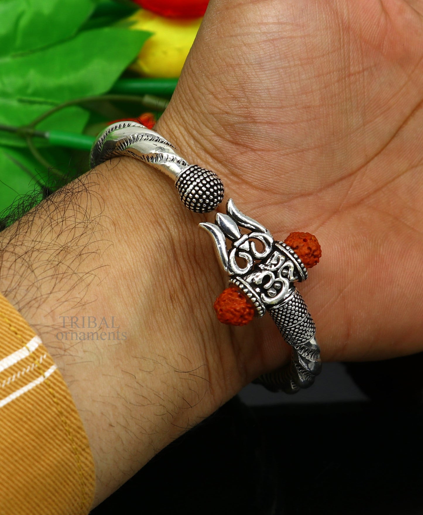 Exclusive 925 Sterling silver handmade chitai work Lord Shiva trident trishul bangle bracelet natural Rudraksha beads customized kada nsk444 - TRIBAL ORNAMENTS