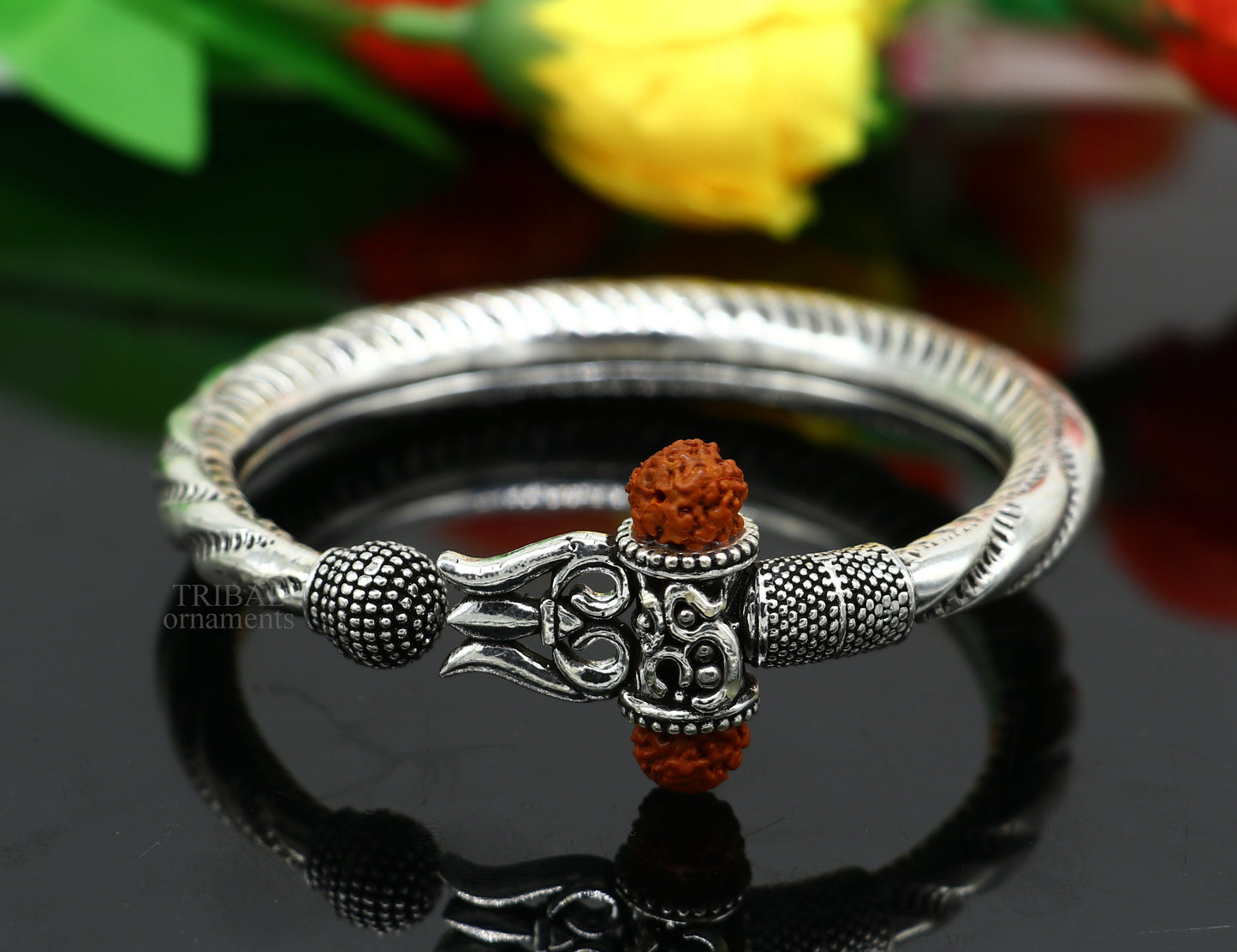 Exclusive 925 Sterling silver handmade chitai work Lord Shiva trident trishul bangle bracelet natural Rudraksha beads customized kada nsk444 - TRIBAL ORNAMENTS