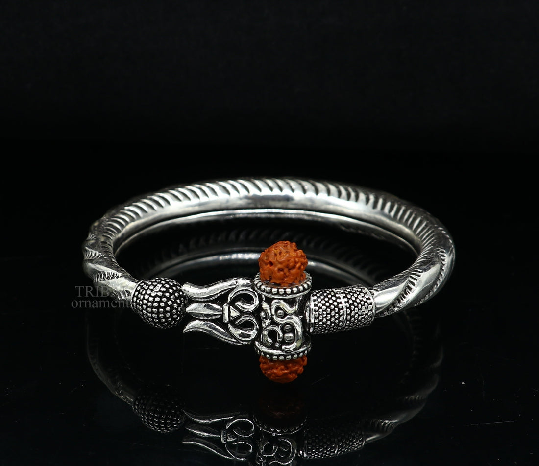 Exclusive 925 Sterling silver handmade chitai work Lord Shiva trident trishul bangle bracelet natural Rudraksha beads customized kada nsk444 - TRIBAL ORNAMENTS