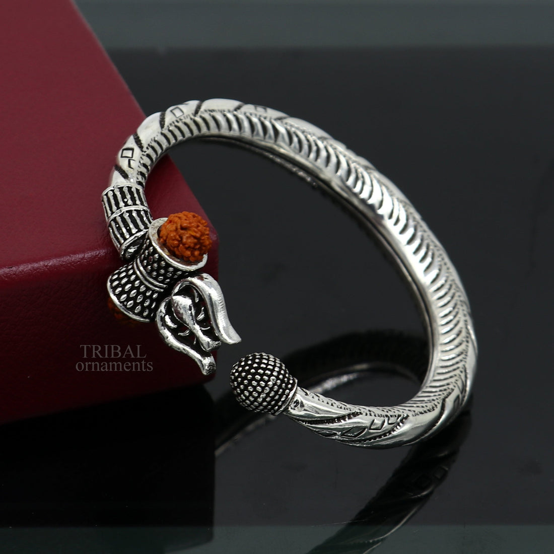 Bahubali kada 925 Sterling silver handmade Lord Shiva trident trishul bangle bracelet natural Rudraksha beads customized kada nsk447 - TRIBAL ORNAMENTS