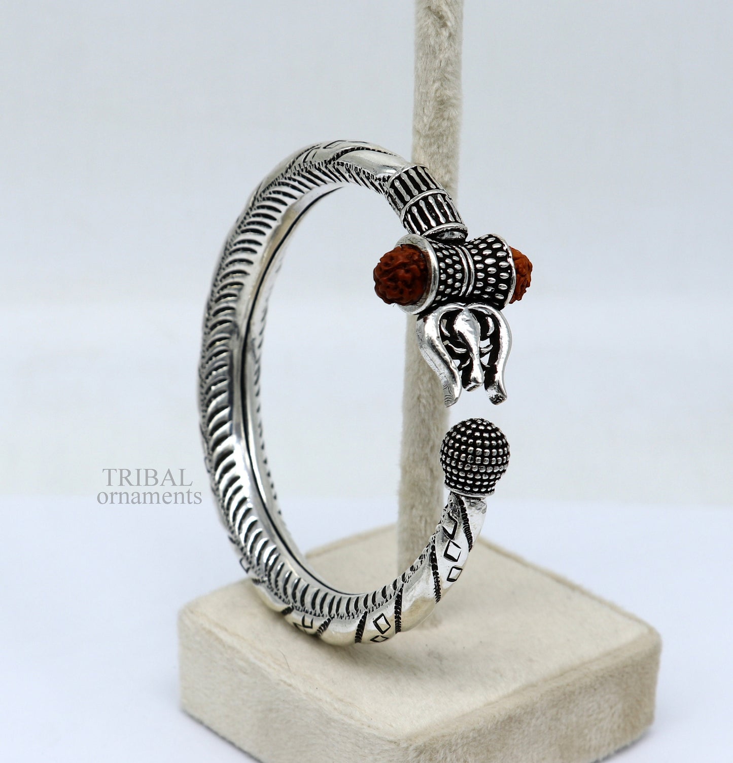 Bahubali kada 925 Sterling silver handmade Lord Shiva trident trishul bangle bracelet natural Rudraksha beads customized kada nsk447 - TRIBAL ORNAMENTS