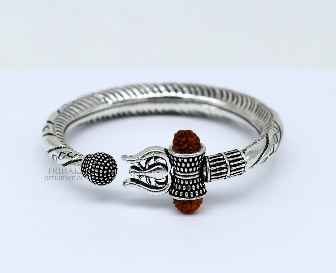 Bahubali kada 925 Sterling silver handmade Lord Shiva trident trishul bangle bracelet natural Rudraksha beads customized kada nsk447 - TRIBAL ORNAMENTS