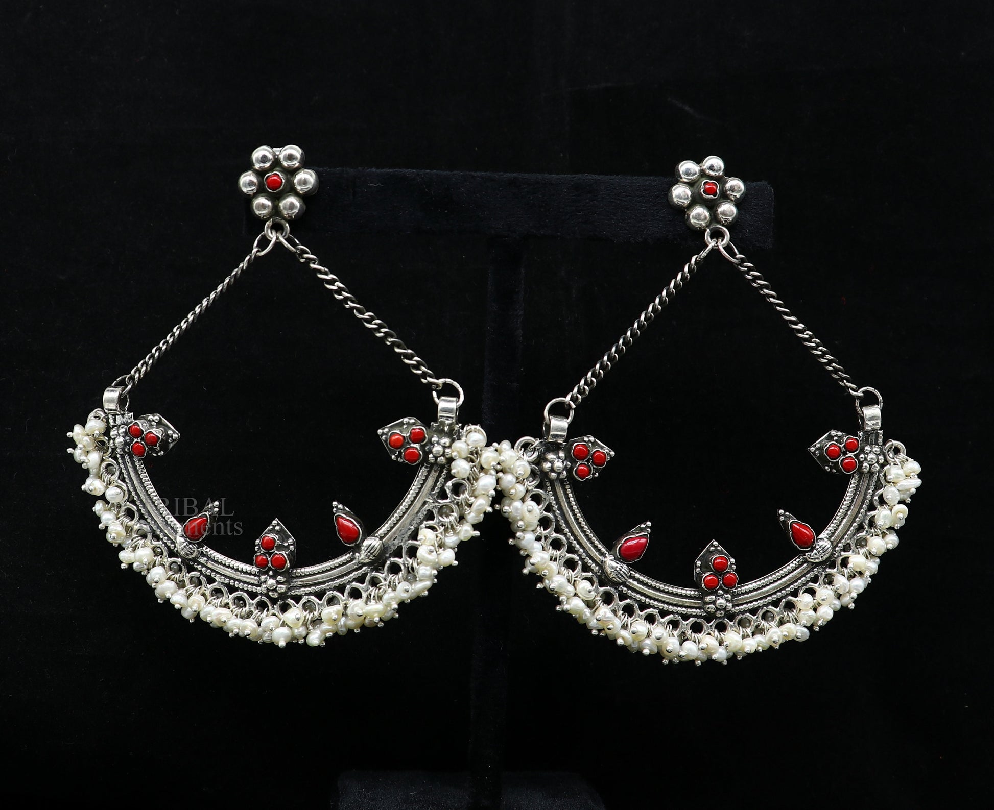 925 sterling silver handmade stud earring chandbala earring with tiny pearl and dangling customized bridesmaid large earring jewelry s1015 - TRIBAL ORNAMENTS