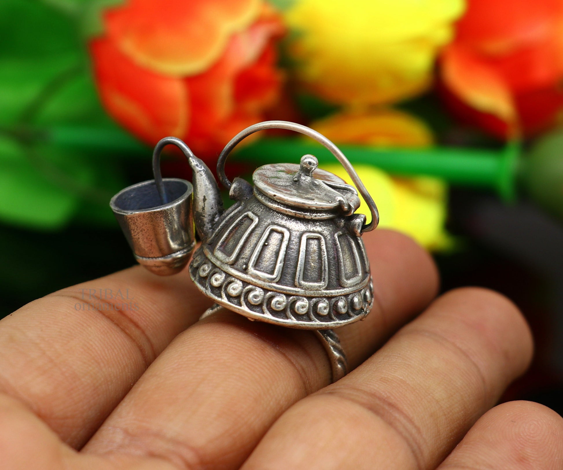 925 sterling silver Traditional vintage tea pot design handmade stylish ring women's tribal charm ring brides jewelry India sr329 - TRIBAL ORNAMENTS
