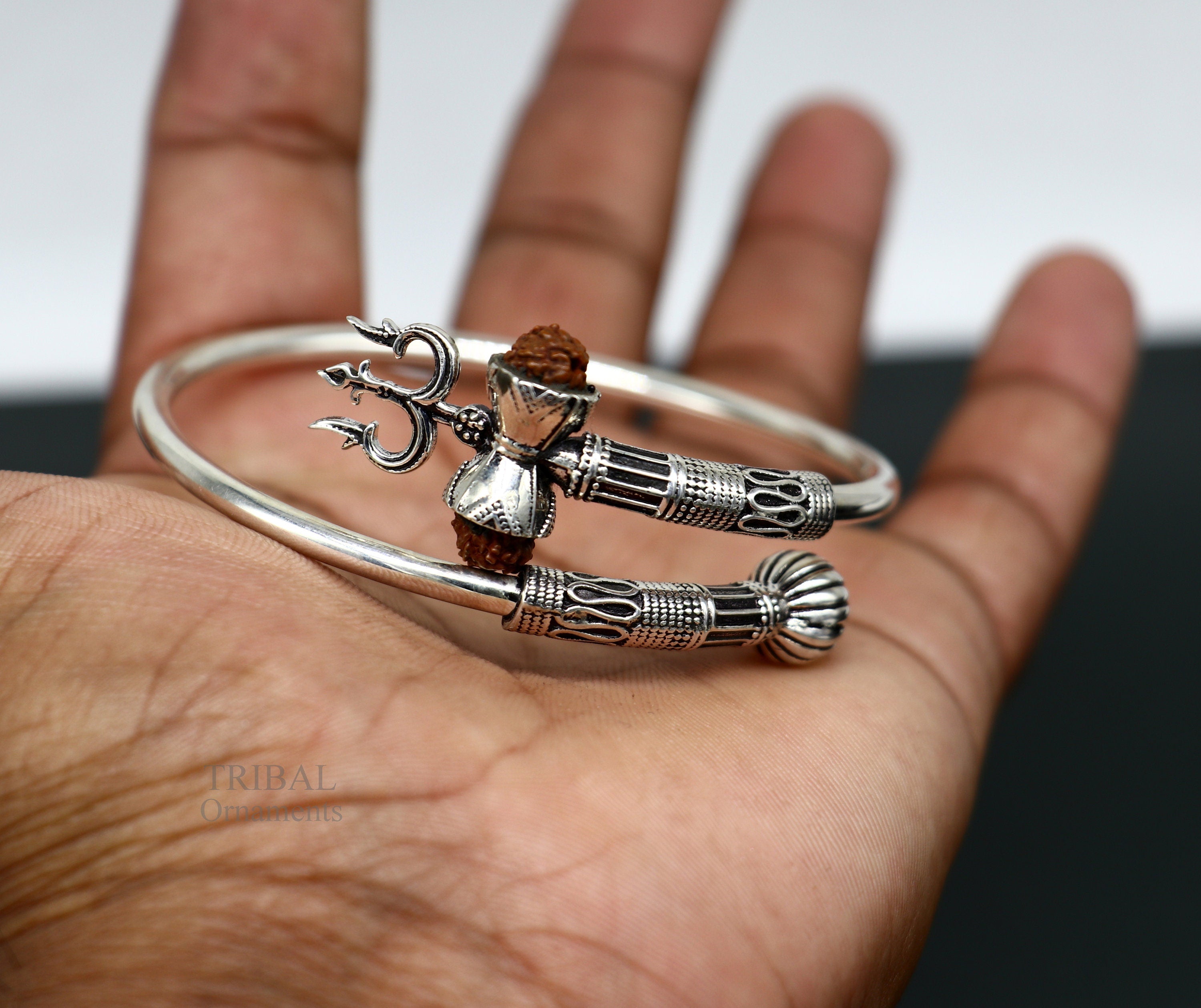 Amazing design pure 925 sterling silver handmade Shiva rudraksha Trishul  bangle bracelet kada, excellent Bahubali trident kada gift nsk462 | TRIBAL  ORNAMENTS