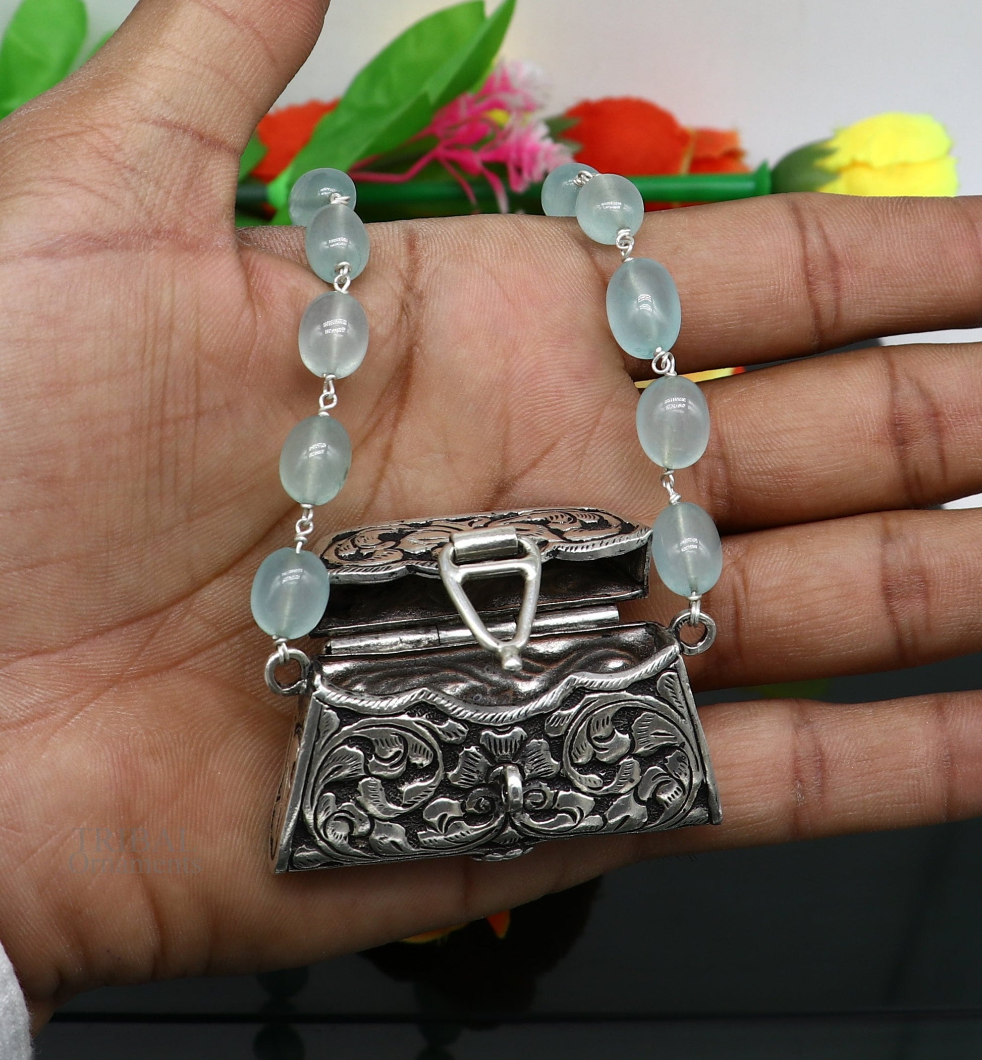 925 sterling silver handmade wallet style locket pendant with gorgeous quartz stone necklace best gifting container necklace set301 - TRIBAL ORNAMENTS