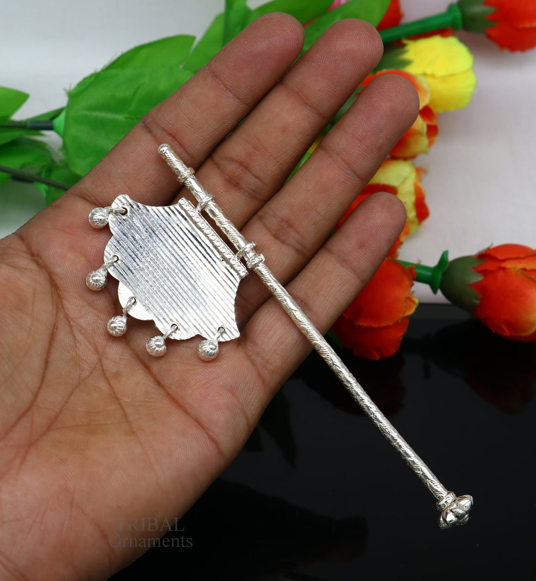 Solid silver pankhi, vintage design small fan or pankhi for god puja, best gifting to laddu gopala krishna, silver hand driven fan su686 - TRIBAL ORNAMENTS