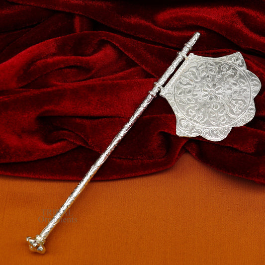 925 sterling silver pankhi, small fan or pankhi for god puja, best gifting to laddu gopala krishna, silver hand fan puja article su687 - TRIBAL ORNAMENTS