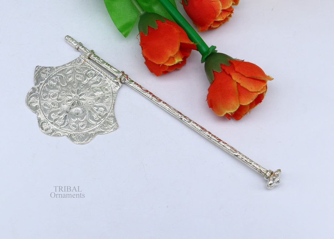 925 sterling silver pankhi, small fan or pankhi for god puja, best gifting to laddu gopala krishna, silver hand fan puja article su687 - TRIBAL ORNAMENTS