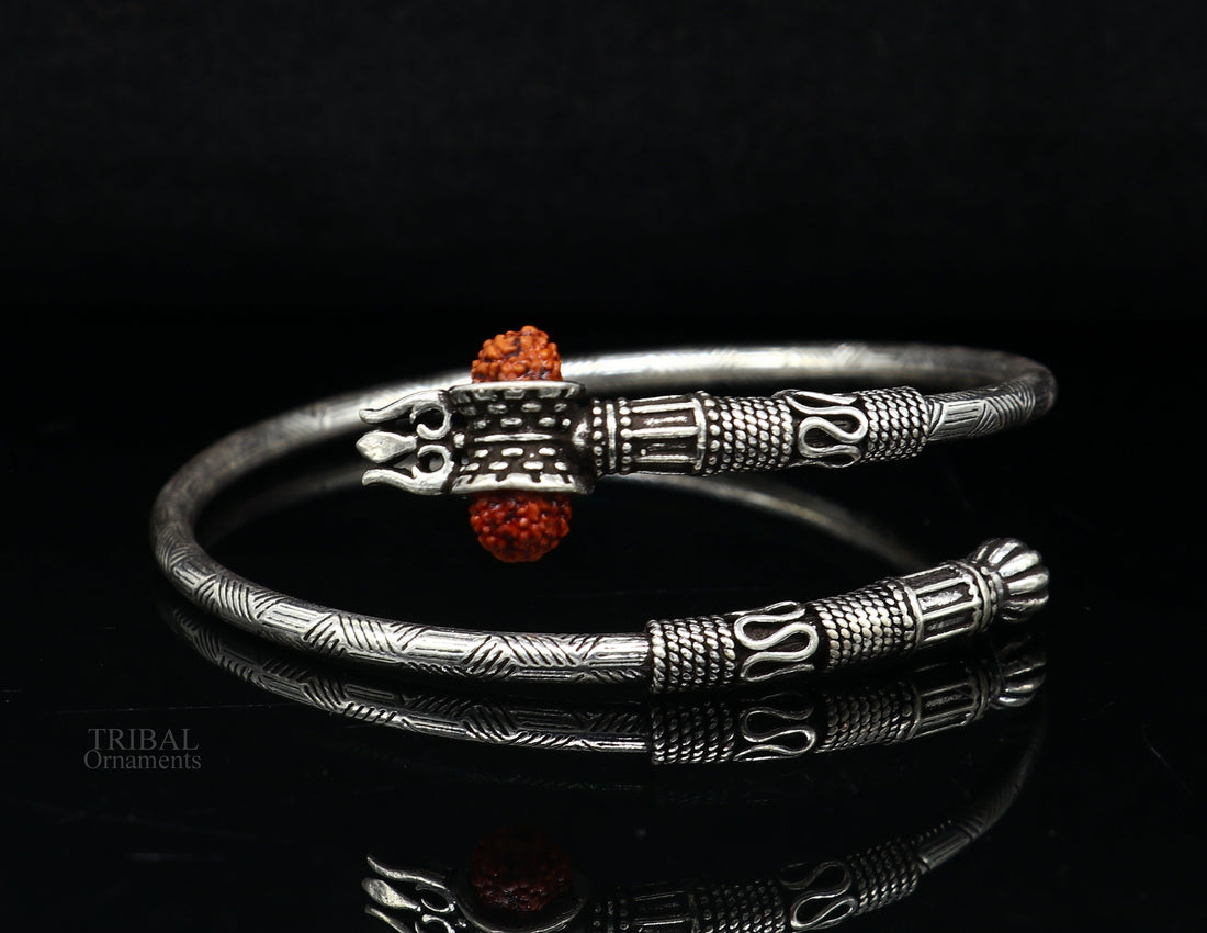 925 sterling silver Lord shiva trident trishool kada bangle bracelet with fabulous natural rudraksha antique jewelry nssk673 - TRIBAL ORNAMENTS
