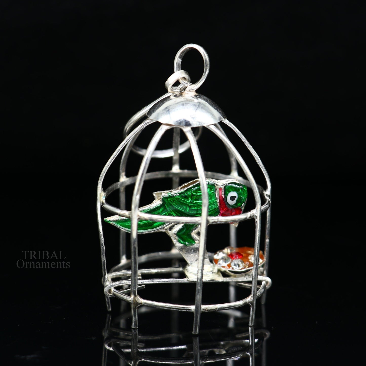 Solid sterling silver handmade toy for idlo krishna, silver parrot with cage, silver article for gifting to God or idol Krishna,  su691 - TRIBAL ORNAMENTS