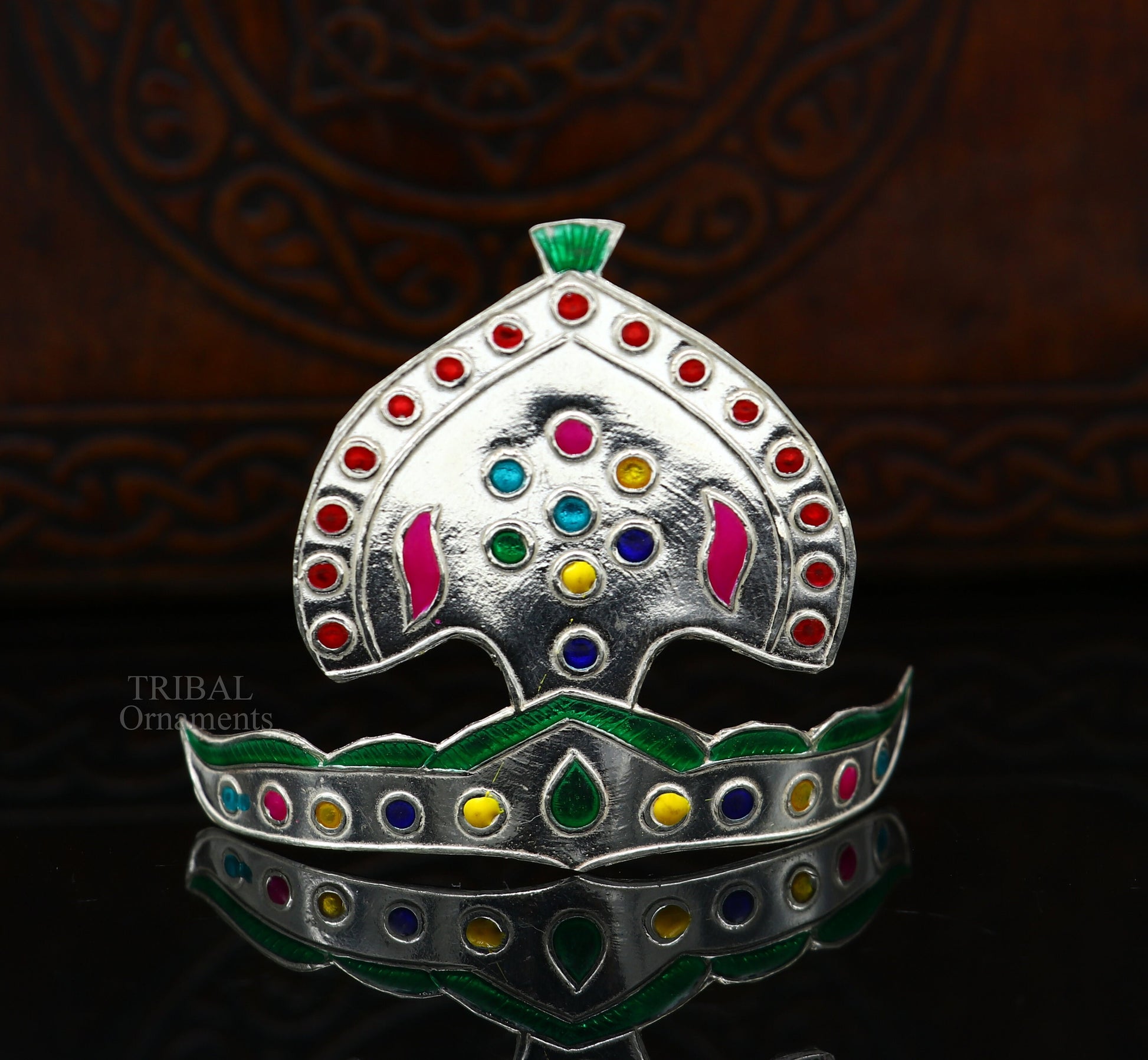 Pure 925 sterling silver vintage antique design mukut (crown), amazing handmade enamel design silver god crown home temple god hat su695 - TRIBAL ORNAMENTS